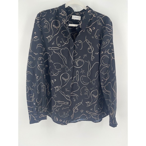 Carmen Marc Valo Black & Gold Art Deco Long Sleeve Button Down Blouse Size Large - Picture 2 of 7